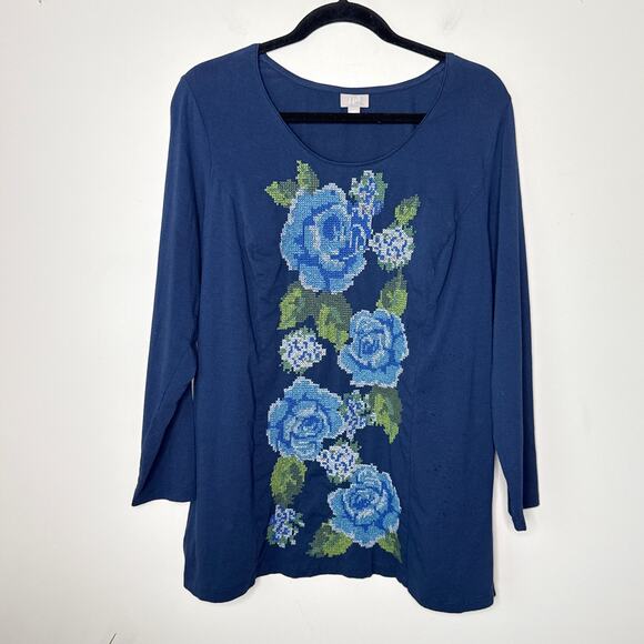 J.Jill Stretch Blue Floral Cross-Stitch Crew Neck Knit Long Sleeve Top‎ Size 1X - Picture 1 of 8